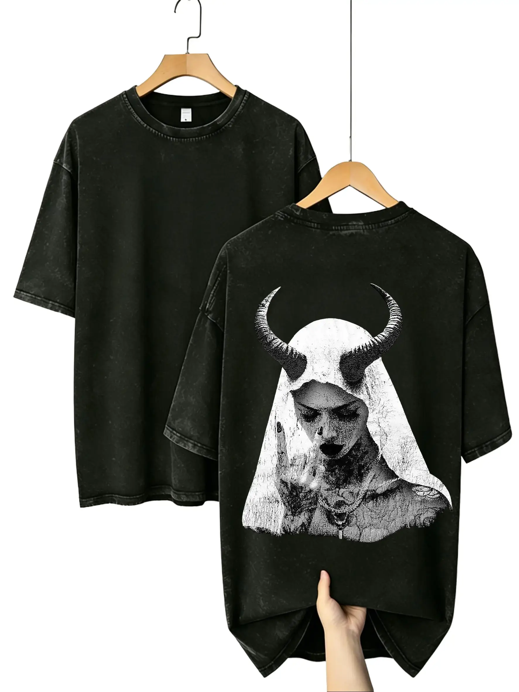 Men's Acid Wash Pure Cotton Oversized Gothic Graphic Print Grunge T-Shirt - 90s Streetwear Clothing, Round Neck, Heavyweight, Demon Nun Figure, Vintage Retro, Crack & Fade-Resistant, S Size sohochic