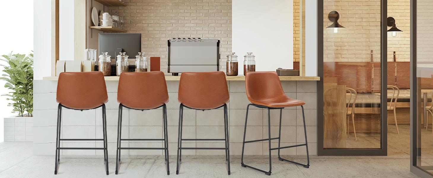 Counter Height Bar Stools with Back, Armless Chairs with Metal Legs and Footrest - Waterproof Leather
