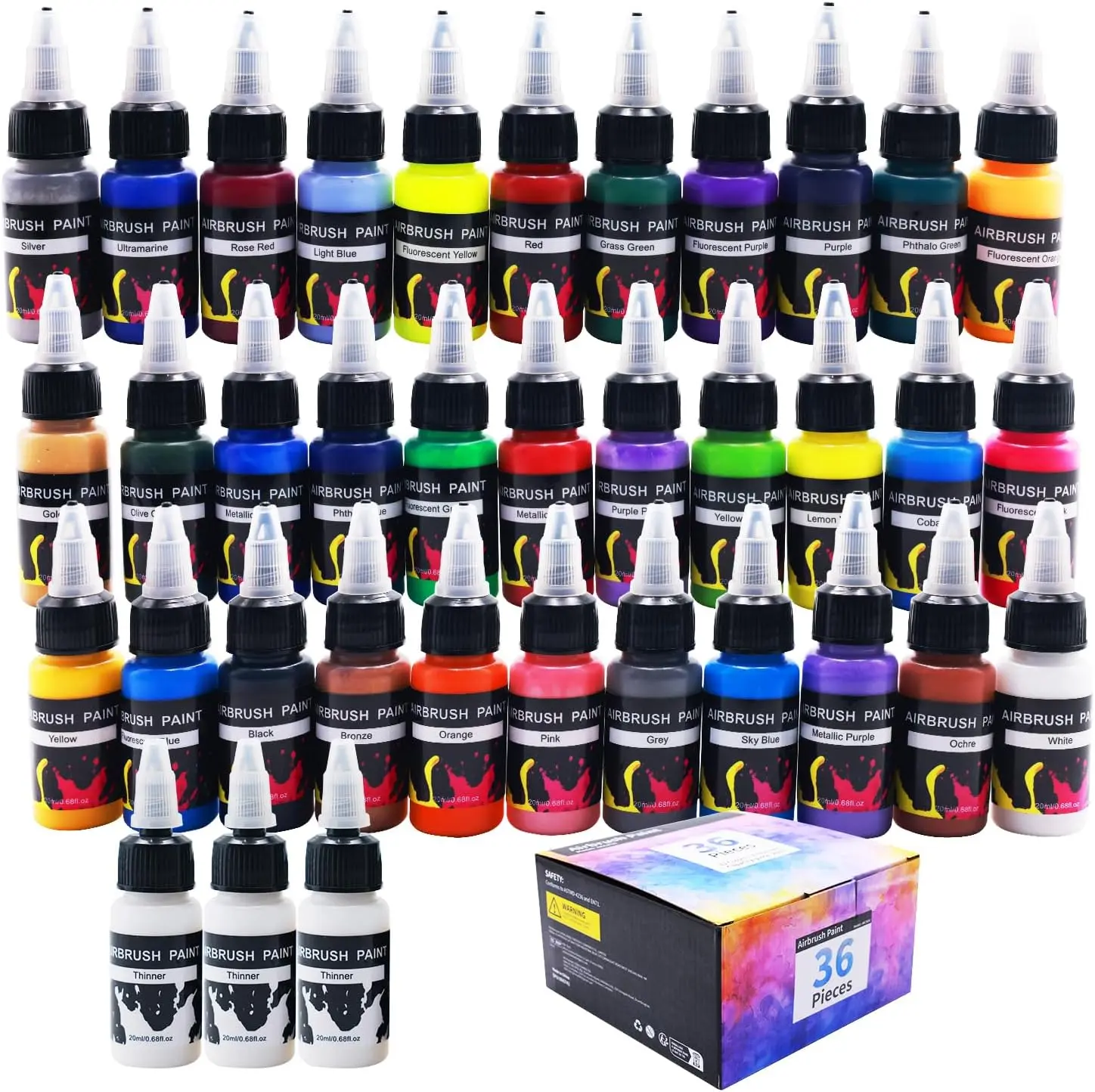 ArtBeek 33 Vibrant Colors Airbrush Paint Set 36 Bottles of Acrylic Paint for Models Crafts Metal Plastic Includes 3 Thinner Bottles for Airbrush Artistry