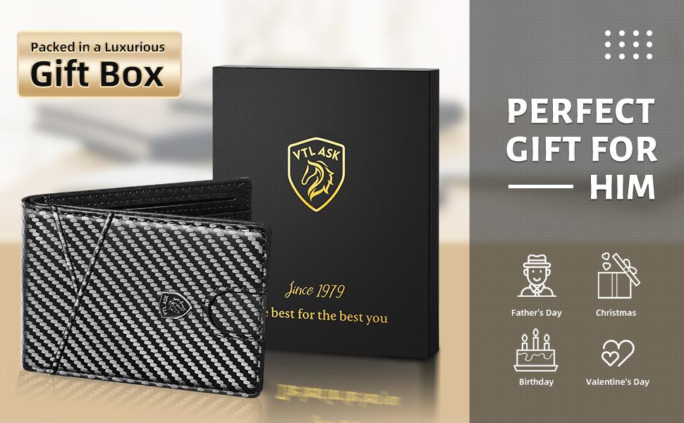 VTLASK 2026 Slim Bifold Men's Wallet - RFID Blocking Carbon Fiber & Minimalist Leather, 11 Card Slots, Western Wallet, Anti-Scratch, Cash Pouch Keeps Bills Tidy, Accessories for Adults, Gifts for Boyfriends, Black with Gift Box, Western Wallets, Accessori