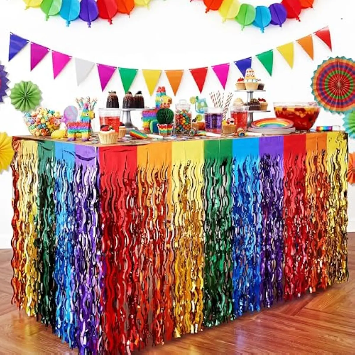 Cinco de Mayo Decoration, 2 pack Fiesta Party Decor Set with Wavy Foil Fringe Table Skirt, Triangle Bunting Flag, Hanging Paper Fan, Ballon Papel Picado Banner, Mexican Themed Photo Booth Prop