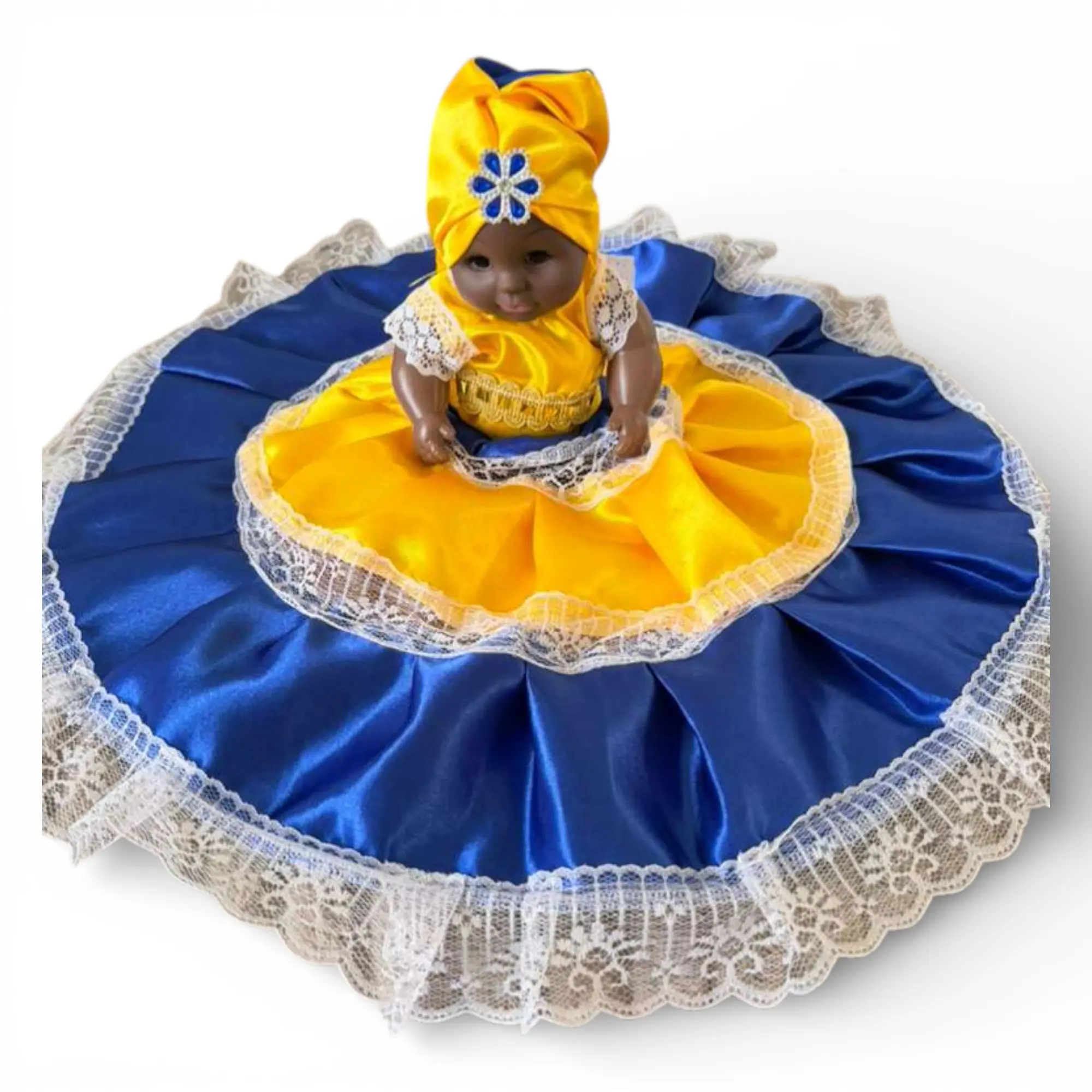 Handmade Blue and Yellow Santeria Spiritual Doll - Yoruba Orisha Altar Figurine, Traditional Afro Caribbean Religious Home Decor, Prayer Statue