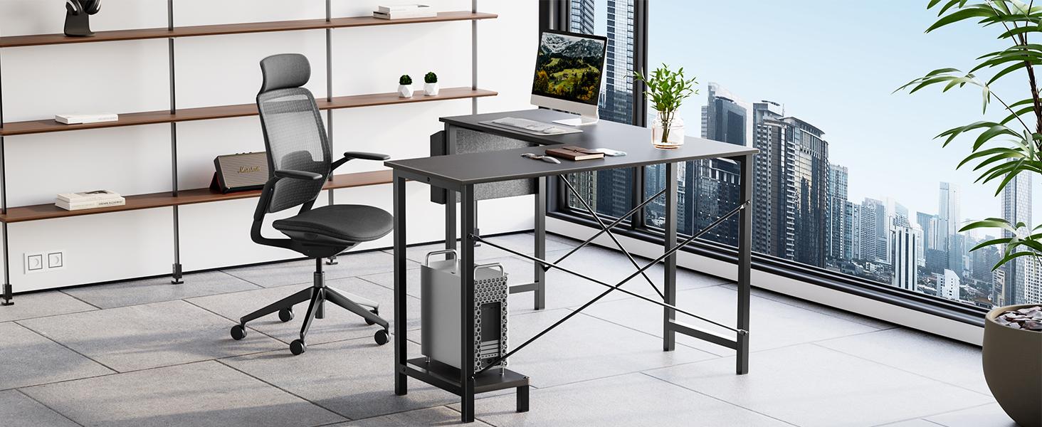 L Shaped Computer Desk with Wooden Desktop CPU Stand and Side Bag - Gaming Table Corner Desk for PC Writing Study Home Office Dorm Small Space - Desk with Reversible Design