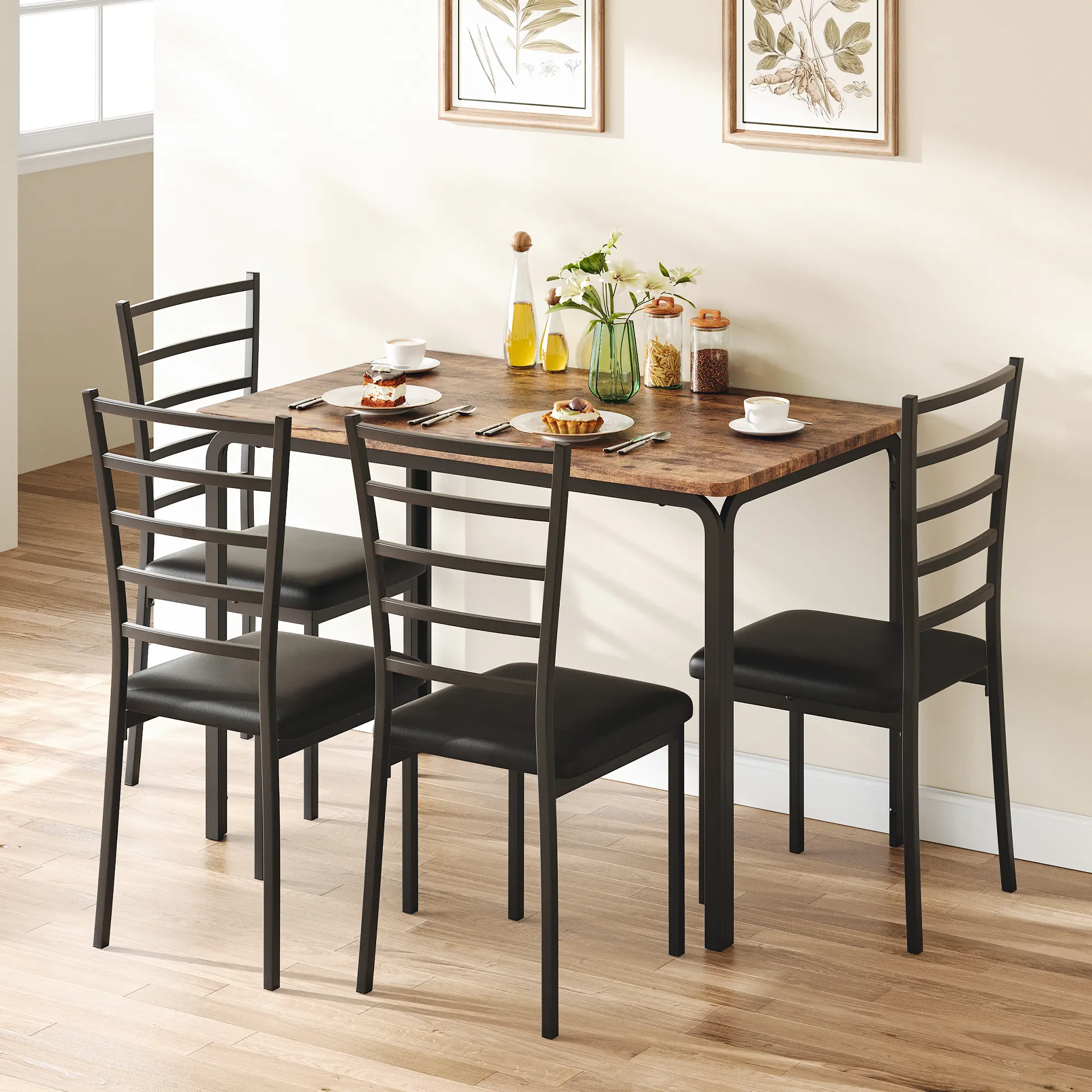 Modern 5-Piece Dining Table Set for 4  Ideal for Kitchen, Dining Room, Apartment Space-Saving Glass Tabletop – 4 Upholstered PU Chairs – Sturdy Metal Frame