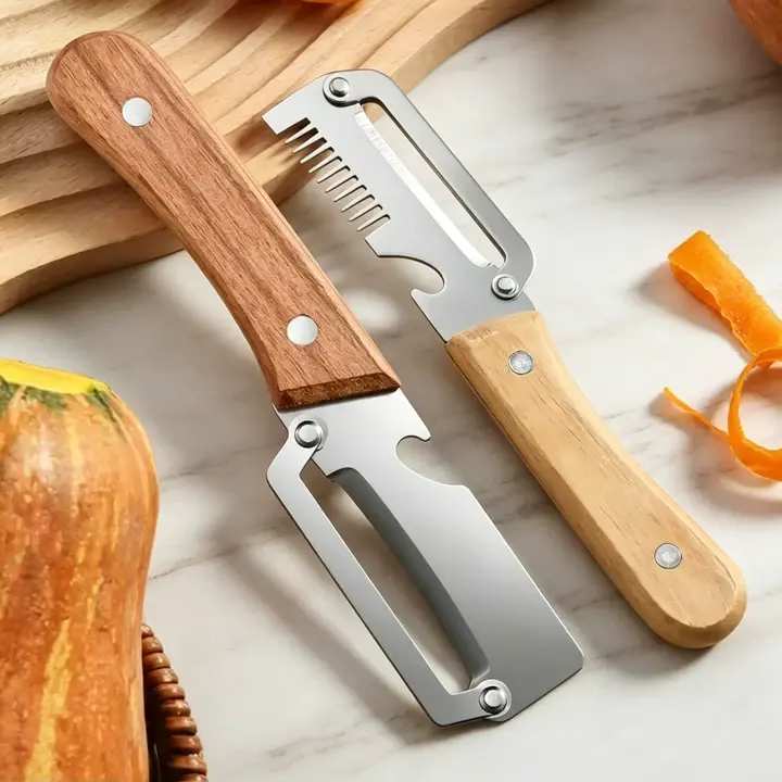2PCS 2 in 1 Multi-Functional Kitchen Peeler – Ultra-Sharp Stainless Steel Vegetable and Fruit Peeler with Wooden Handle, Bottle Opener, and Julienne/Shred Cutter, Durable Kitchen Gadget#backtoschool