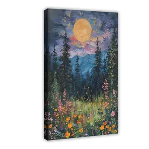 Vintage Full Moon Above The Wildflowers Nature Posters, Mystical Midnight Woodland Canvas Wall Art Print, Retro Flowers And Trees Oil Painting, Dark Forest Landscape