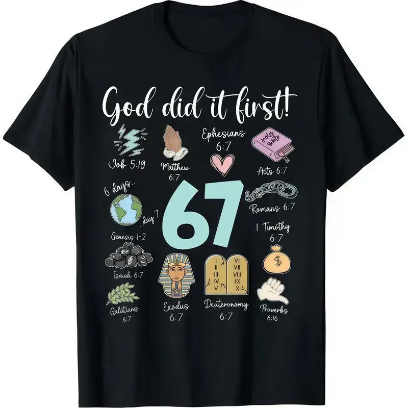 Women's Unisex Casual Cotton Printed "Funny God Did It First 67" Meme Jesus Christian Bible T-Shirt fyp random retro women