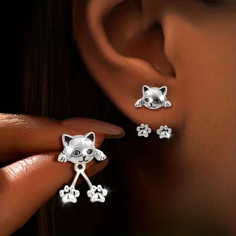 S925 Sterling Silver Cat Paw Earrings, Cute Animal Dangle Ear Accents for Women Girls, Lightweight Pet-Themed Jewelry Gift, Animal Ear Accents Earrings, Animal-Themed Earrings