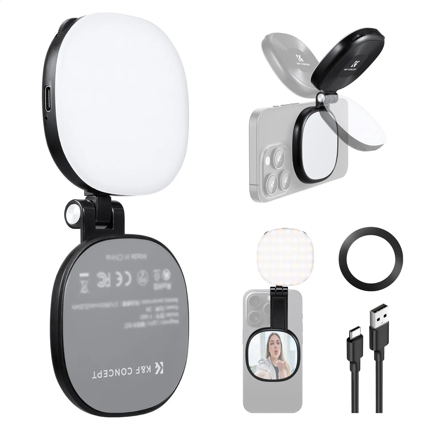 K&F CONCEPT Magnetic Mobile Phone Accessory, 360°-Rotatable Foldable Metal Selfie Light with Mirror, CRI95+ Adjustable LED Fill Light for Magsafe iPhones/Androids, Ideal for Photography/Vlogging