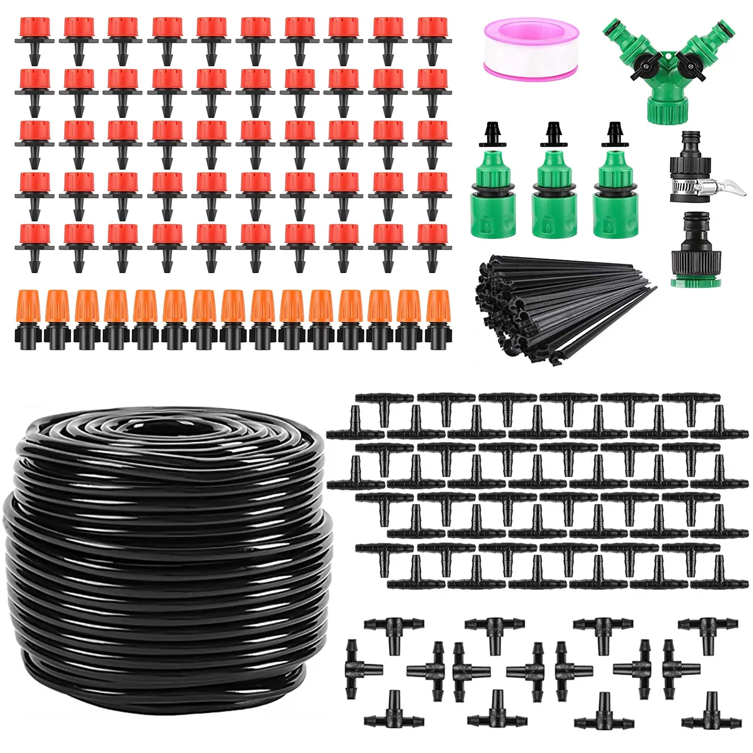Automatic Drip Irrigation Kit for Gardening Users - 164FT (1x50m) 4mm PVC Tubing, Automated Watering Drip Kits with 3-Way Mist Nozzle Connectors, 50x 3-Way Connectors, 50x Red Dripper Nozzles, 1x Teflon Tape, 1x User Manual for Garden, Swimming Pool, Flow