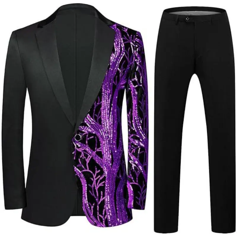 Men's Slim Fit 2-Piece Cotton Blend Sequin Tuxedo, Single Buckle Formal Menswear for Parties & Business, No Slit, All Seasons, Machine Washable, 5xl Size