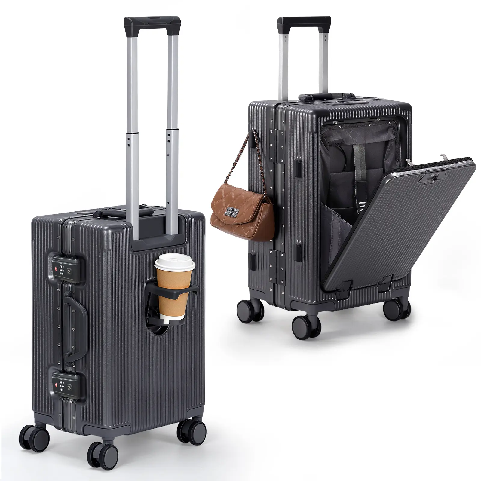 20-Inch Charcoal Gray Front-Opening Polycarbonate PC Hard Shell Carry-On Luggage - Business-Ready, Advanced Protection Carry On Luggage for Traveling, with Cup Holder, Built-In USB Charger, TSA Lock, Laptop Pocket, Handbag Hook