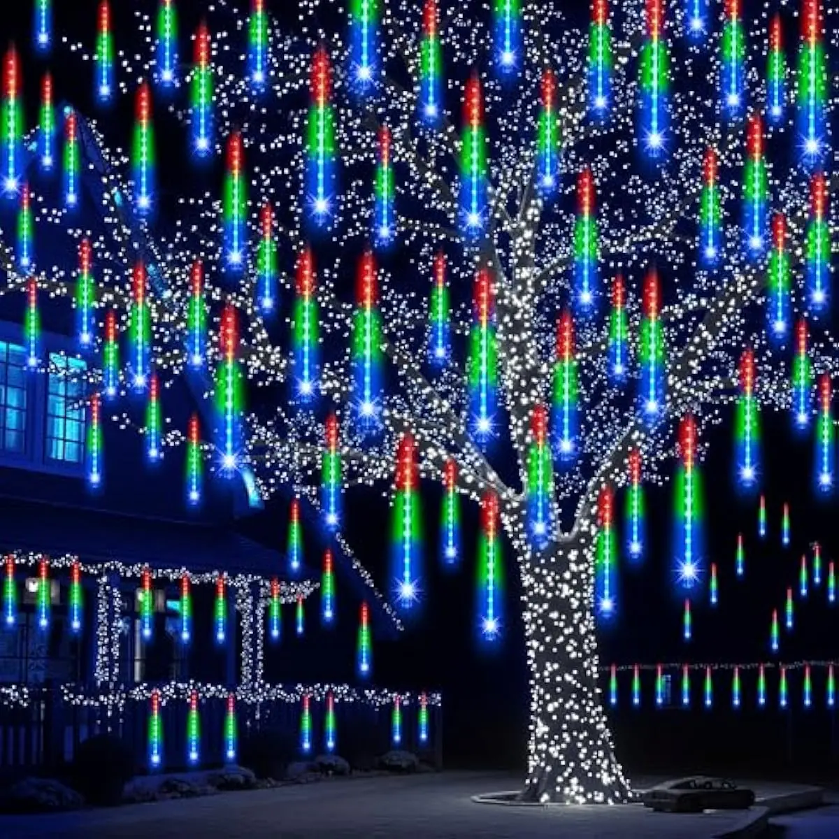 Christmas Lights Outdoor,8 Tubes Meteor Shower Lights Multicolor,192 LEDs, Snowfall Icicle Cascading Rain Light for Christmas Tree Decorations, Wedding Party Holiday Decor