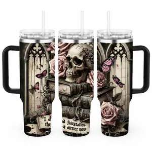 Gothic Cathedral 40oz Insulated Tumbler, Skull and Pink Roses Bookish Cup, Vintage Aesthetic Book Lover Gift, Dark Academia Butterfly Tumbler, Stainless Steel Travel Mug for Readers.