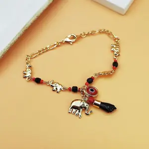 Elephant Evil Eye Bracelet Jewelry Adjustable Hypoallergenic Bohemian Style Anklet with Gold Plating Red Black Beads Brass Material