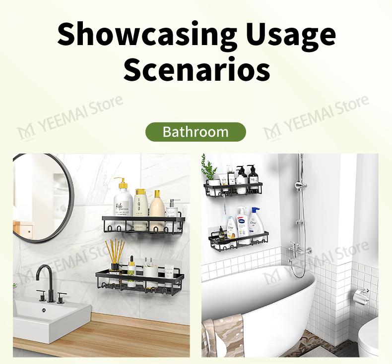 Shower Caddy Shelf Organizer Rack, Self Adhesive Black Bathroom Shelves Basket, Home Farmhouse Wall Shower Inside Organization and Storage Decor, Home Items Accessories, Moforoco Hanging Kitchen&Skincare&Cosmetic Organisers, Hollow Bathroom Rack Shelf