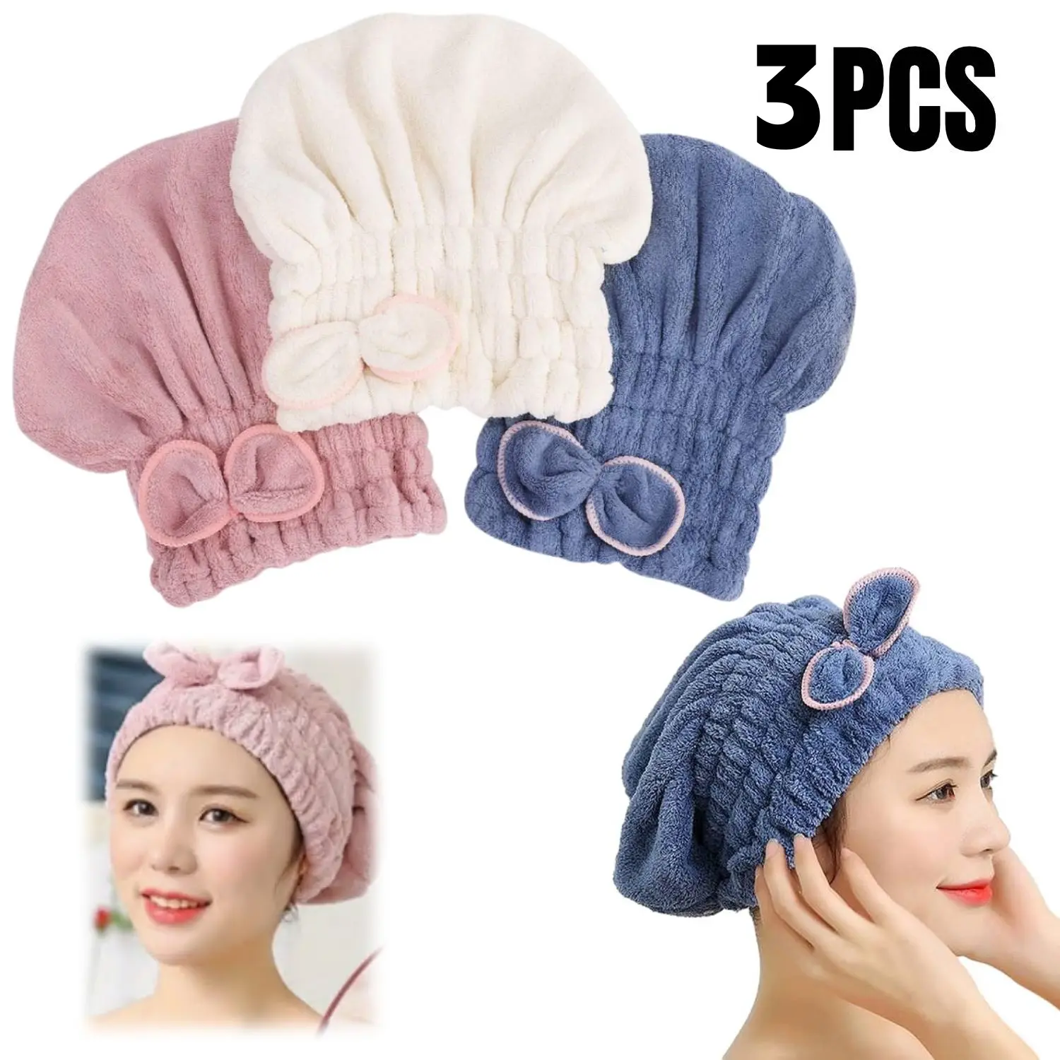 3PCS Fast Drying Hair Drying Caps Towel Turban Wrap ,Microfiber Hair Towel Caps, Extrame Soft & Ultra Absorbent for Wet Hair Women headband stretchy girl everyday skin care satin bonnets