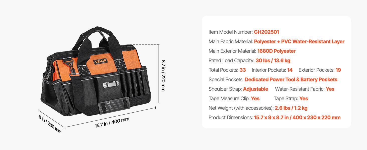 VEVOR 15.7-Inch Tool Bag with 33 Multiple Pockets, Dirt-Block ft, Steel Rivets, Soft Handle, Large Zippers, Adjustable Shoulder Strap, Comfortable & Long-Lasting Men's Work Organizer for Repair, Father's Day Gifts, 30Lb, Dirt‑Block Feet VEVOR 15.7-Inch Tool Bag with 33 Multiple Pockets, Dirt-Block ft, Steel Rivets, Soft Handle, Large Zippers, Adjustable Shoulder Strap, Comfortable & Long-Lasting Men's Work Organizer for Repair, Father's Day Gifts, 30Lb, Dirt‑Block Feet