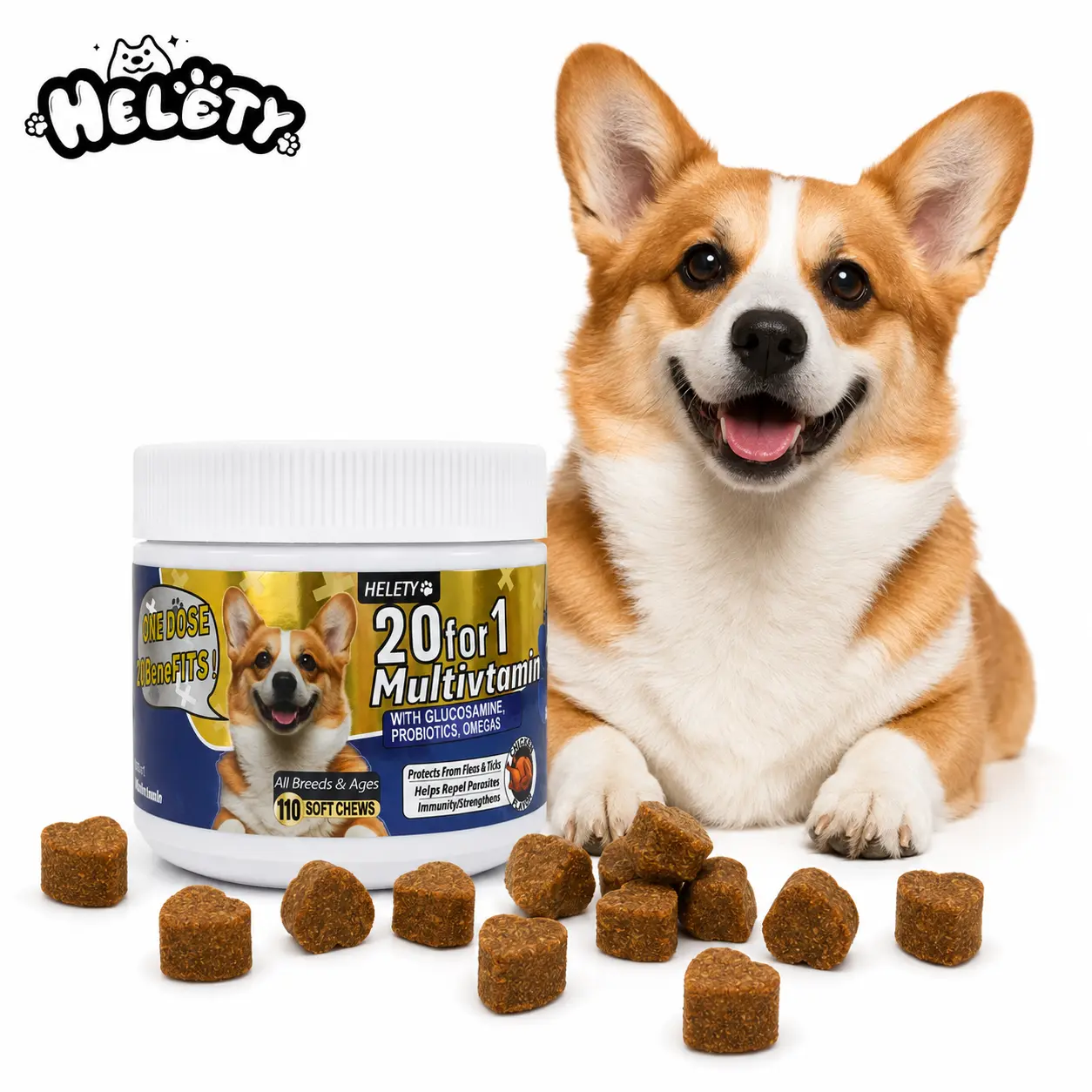 Helety Dog Daily Multivitamin Chews — 20 Benefits in 1 Soft Chew, Replaces Multiple Supplements, 110 Ct Glucosamine Probiotics Omegas for Joints Gut Skin Coat, All Breeds itchy cat immune support mobility tick pet honesty Natural Hip and Joint Supplement