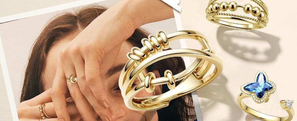 9Pcs Gold Plate Fidget Spinner Rings for Anxiety & Nail Biting Adjustable Open Ring Set Women Stress Relief Cute Jewelry Gift SpringStatements