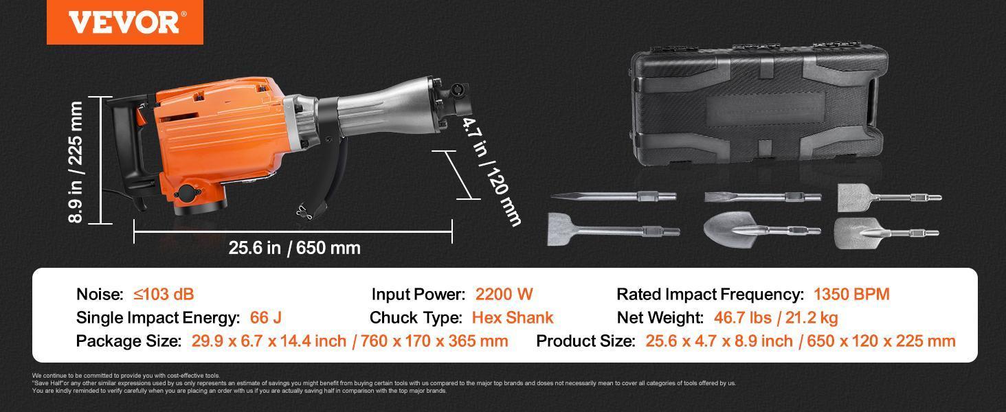 VEVOR Demolition Jack Hammer, TikTokShopBlackFriday, 2200W Electric Jackhammer Heavy Duty, 1350 BPM Concrete Breaker 6pcs Chisels Bit Chipping with Case VEVOR Demolition Jack Hammer, TikTokShopBlackFriday, 2200W Electric Jackhammer Heavy Duty, 1350 BPM Concrete Breaker 6pcs Chisels Bit Chipping with Case