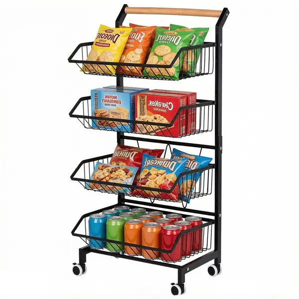 4-Tier Rolling Storage Cart with Wheels | Rustproof Metal Utility Cart with Solid Wood Handle | Adjustable Detachable Fruit & Veggie Baskets | Movable Pantry Organizer for Kitchen, Bathroom, Laundry Room