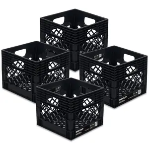 Ramtuff Storage Milk Crate, Plastic Organizer Box, 250lb Capacity, Black, 4 Pack