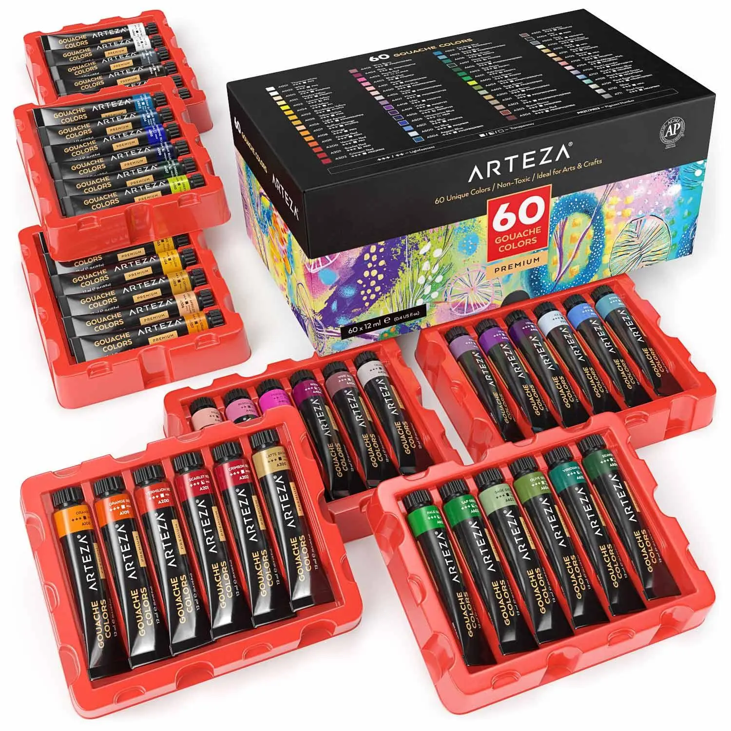Arteza Gouache Paints Hand Painting Set - 60-Piece Water-Based Art Drawing Supplies, Student Painting Supplies, Bold Colors, Highly Opaque Pigment, Velvet Look, Smooth Blending, for Designers, All Ages, ARTZ-8564, 60 Pieces, Blends Beautifully