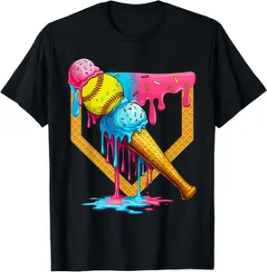 Cute Ice Cream Softball Home Plate Drip Game Day Softball T-Shirt - Crewneck Men Women Youth Boys Girl T-shirt Cotton Fabric