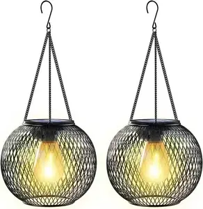 Solar Lantern Outdoor Waterproof Hanging Metal Lights for Yard Patio Decor 2PCS Rustic Design