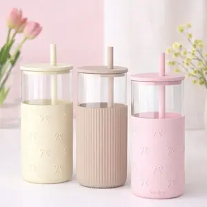 SANDJEST 20oz Glass Tumbler with Silicone Sleeve & Straw, Ideal for Hot & Cold Drinks Smoothie Iced Coffee, Aesthetic Cup for Spring Mother's Day Gift