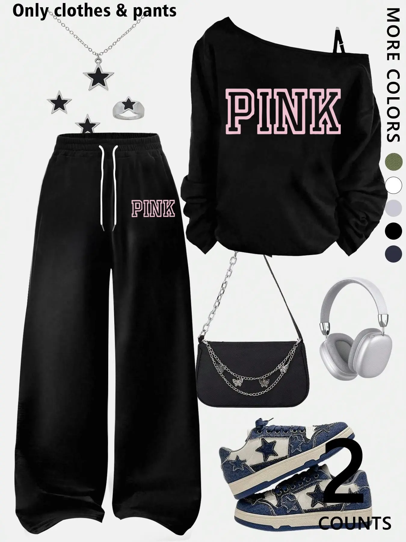 A teenage girl's/women off-shoulder pink pattern top and wide-leg casual trousers; a loose-fitting, oversized casual long-sleeved top with a letter print paired with loose-fitting drawstring trousers; soft, suitable for women, and versatile.