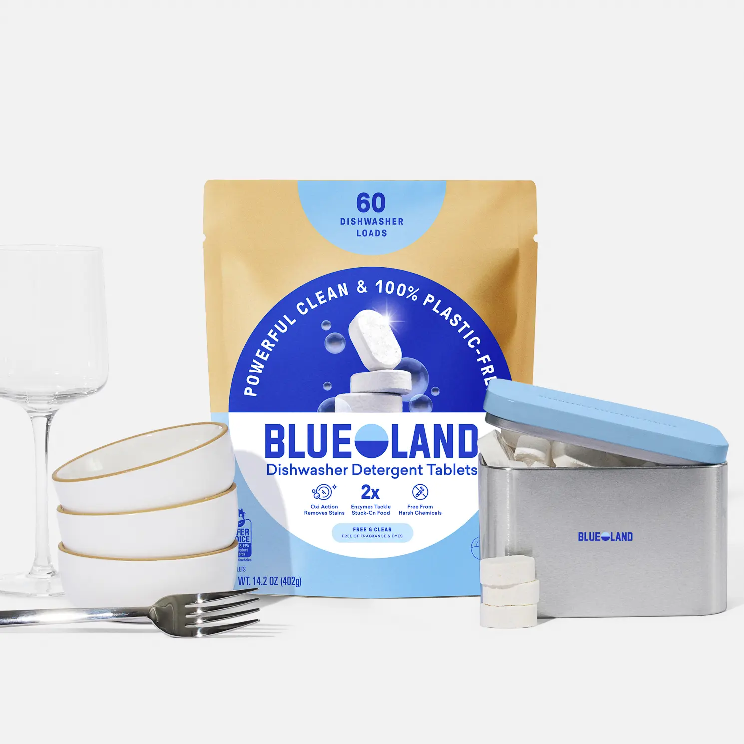 Blueland Dishwasher Tablets, Plastic-Free, Mineral & Plant-Based Eco-Friendly Dish Soap Refill Tablets with Storage Tin Detergent Steel