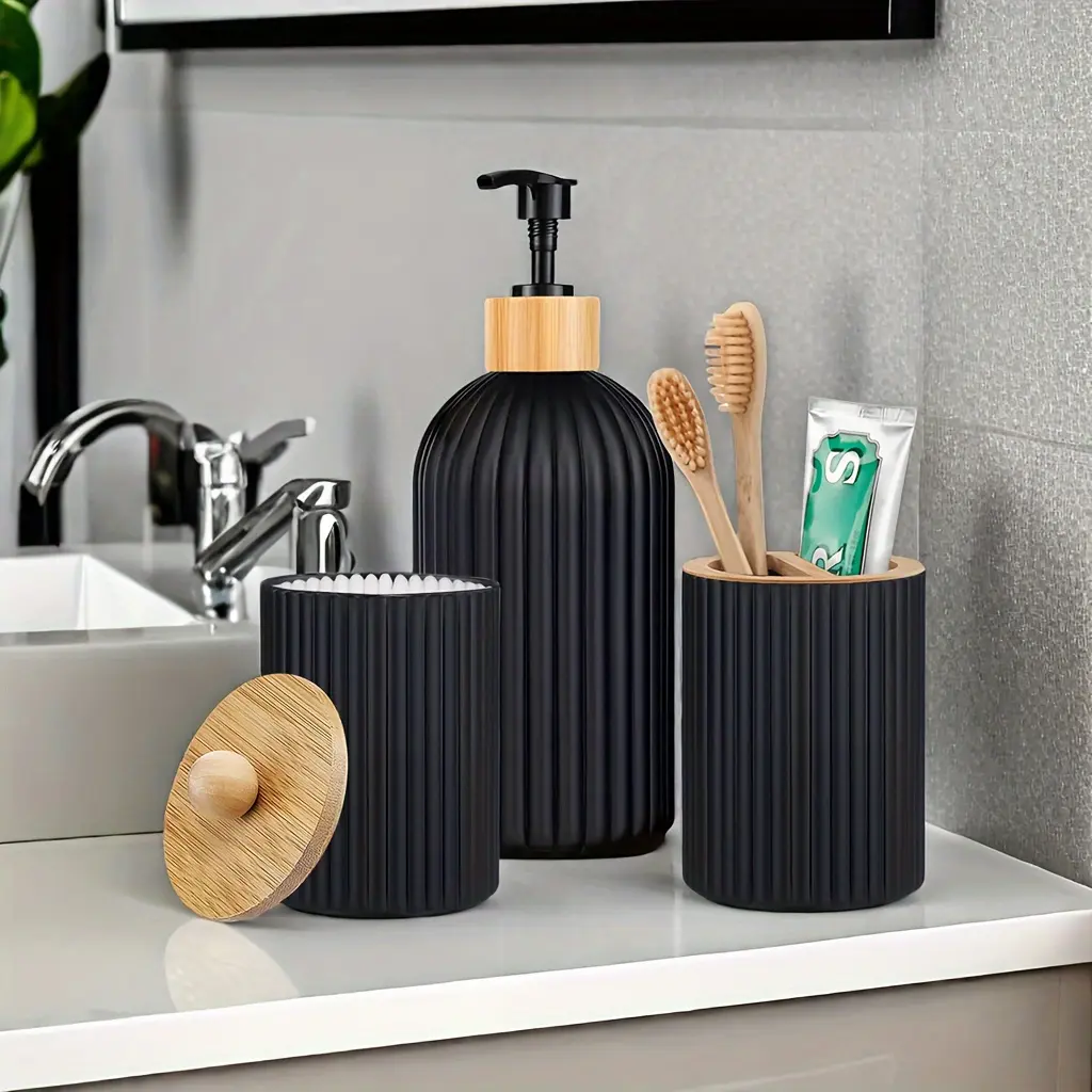3-Pieces Manual Plastic Freestanding Bathroom Accessories Organizer Set, Refillable Lotion Dispenser, Swab Holder, Toothbrush Organizer, No Electricity Needed, Three-Pieces