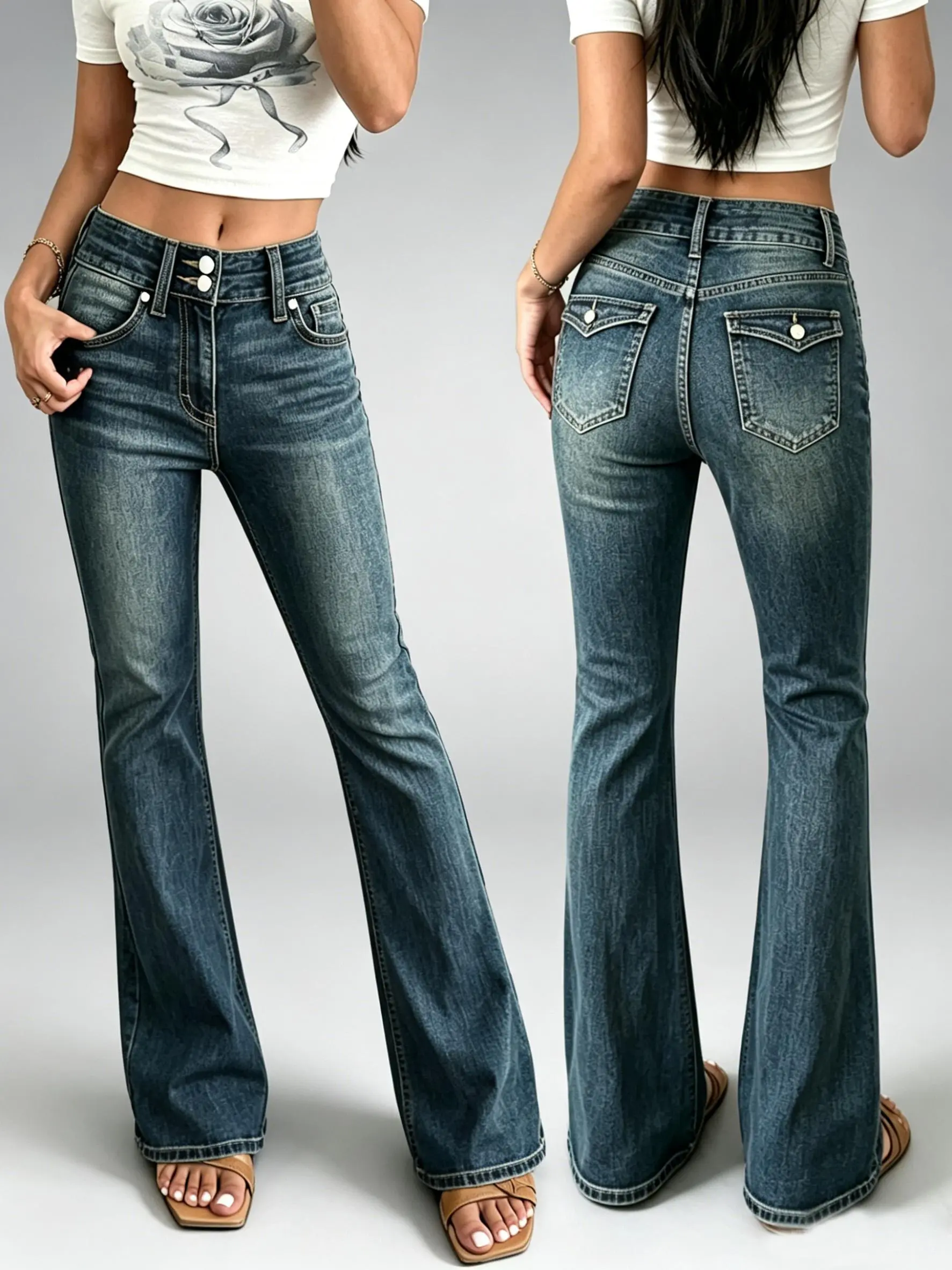 Women's Slim Fit Tummy Tuck Bootcut Jeans, Stretch Mid Rise Lightweight Vintage Wash Denim Bottoms with Pockets, Casual Womenswear Straight Leg Pants, Bottom