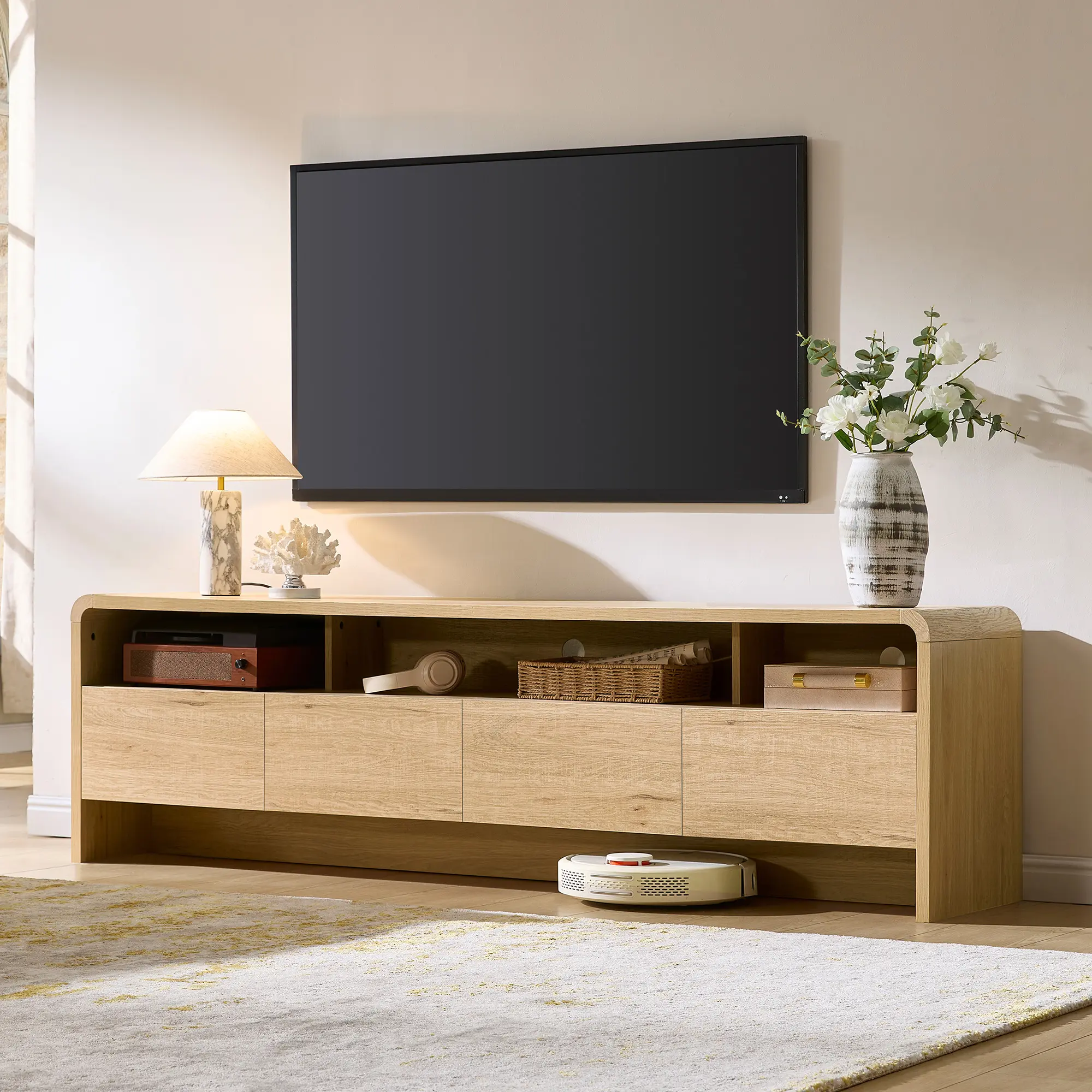 AMERLIFE 70" Modern TV Stand for TVs Up to 80", Wood TV Console with Curved Profile Design & 2 Storage Cabinets, Media Console Entertainment Center for Living Room, Bedroom/Best Gift Ideas/Christmas Gifts #homemakeover