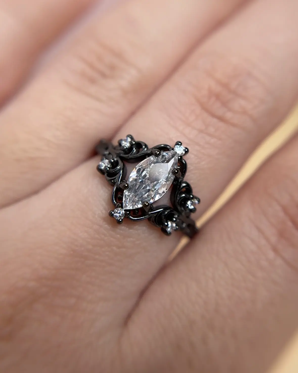Victorian Black Sterling Silver Marquise Ring: Moonstone, Onyx, Amethyst, Moissanite or Cubic Zirconia