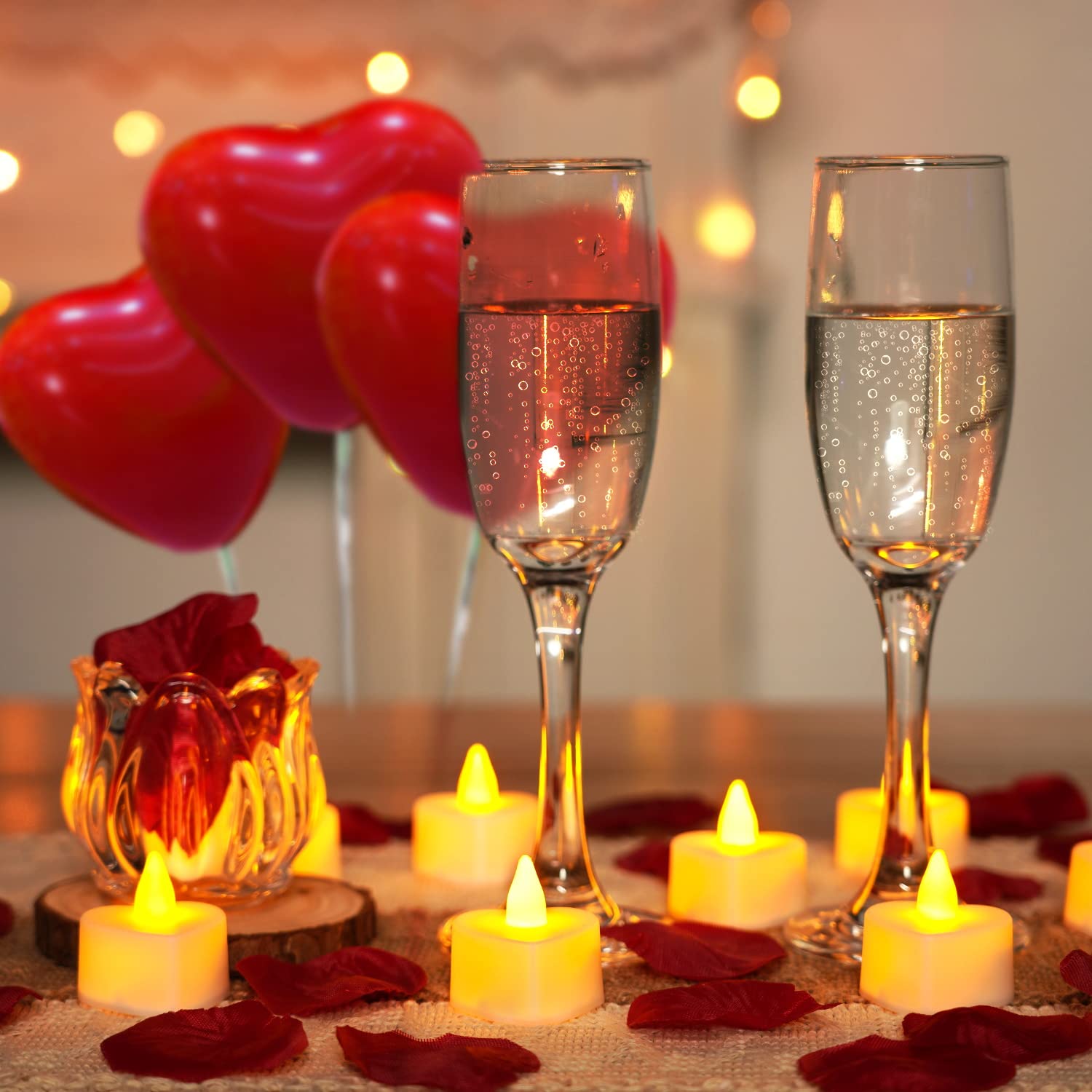 A Romantic Night on Mother's Day - 1000Pcs Artificial Rose Petals, 30 Burgundy Heart Balloons, 24 Battery Candles for Valentine‘s Proposal, Wedding, Anniversary Table Decor Valentine's Day