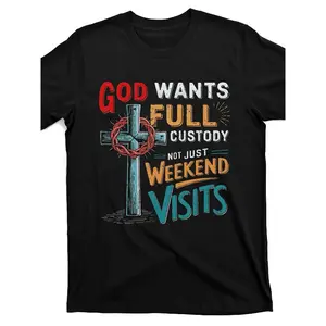 Men's T-Shirt "God Wants Full Custody Not Just Weekend Visits" - Religious Saying with Cross & Bible Verse Design, Casual Crew Neck Short Sleeve, Black with Red/Teal Lettering cotton short-sleeved comfortable graphic tees menswear top vintage tshirt