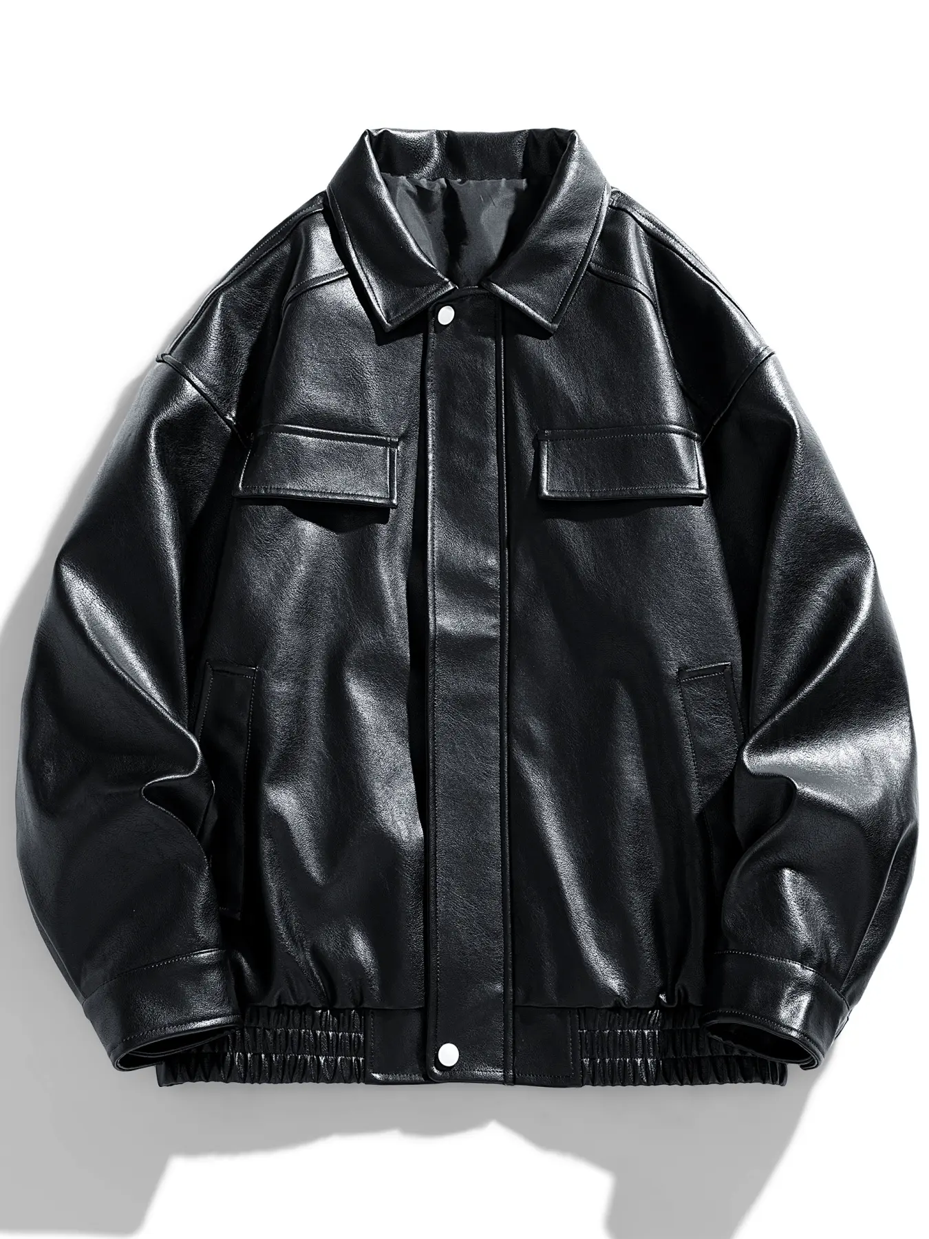 Men's Black Oversized Shiny Glossy Structured Faux Leather Jacket - Menswear Tops, Hailey Bieber Style Biker Aviator Pilot Bomber Detroit Barn Blazer Peacoat, Trendy Outerwear for Spring Winter Layering, Plain Casual Custom Coat, Long Sleeve