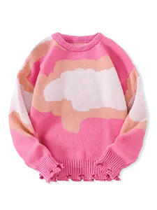 Men's Clouds Print Ripped Drop Shoulder Sweater, Casual Regular Fit Long Sleeve Round Neck Jumper for Fall & Winter, Fashion Men's Knitwear for Daily Wear