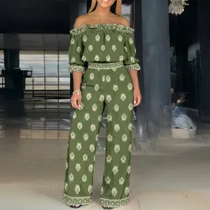 CHICME Women's 2 Pieces Outfit Boho 2 Piece Outfits for Women Vintage Print Off Shoulder Crop Top & High Waist Wide Leg Pants Set Stretchy Vacation Summer Tracksuits