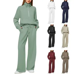 Two piece set with half zip sweatshirt, wide leg sweatpants, women's casual suit gift