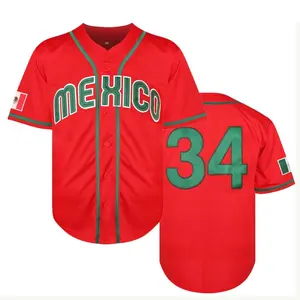 Mexico #34 Red Green Stitched Baseball Jersey Button Up Shirt with Mexican Flag Patch Embroidered Letters Classic Fan Apparel for Men Women