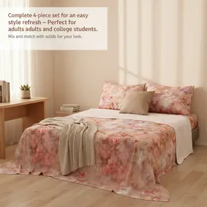 Monet Rose Print Bedding Set (4 Pieces) – Includes a fitted sheet with deep pockets, a sheet, and two pillowcases. Made of soft, comfortable brushed microfiber, breathable, and colorfast. Suitable for all seasons, ideal for bedrooms, guest rooms, etc
