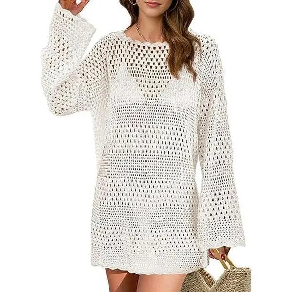Women's Crochet Swimwear Coverup Dress - 2026 Summer Beach Vacation Outfit for Sports & Outdoor Use
