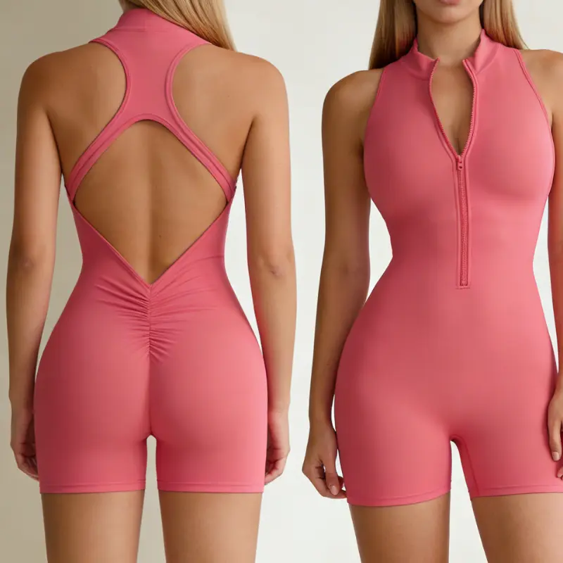 Women's sleeveless half zip shorts sports jumpsuit, slim fit elastic hip lifting jumpsuit, seamless solid color yoga jumpsuit for summer SpringGlow Up