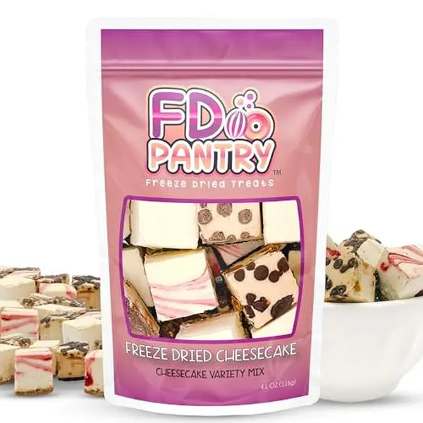 Freeze Dried Cheesecake Bites New York Style 4.1oz - Caramel, Chocolate Chip and Strawberry Swirl Freeze Dried Dessert - Mini Chocolate Cheesecake Bites in Resealable Bag - Ideal Gift Snack