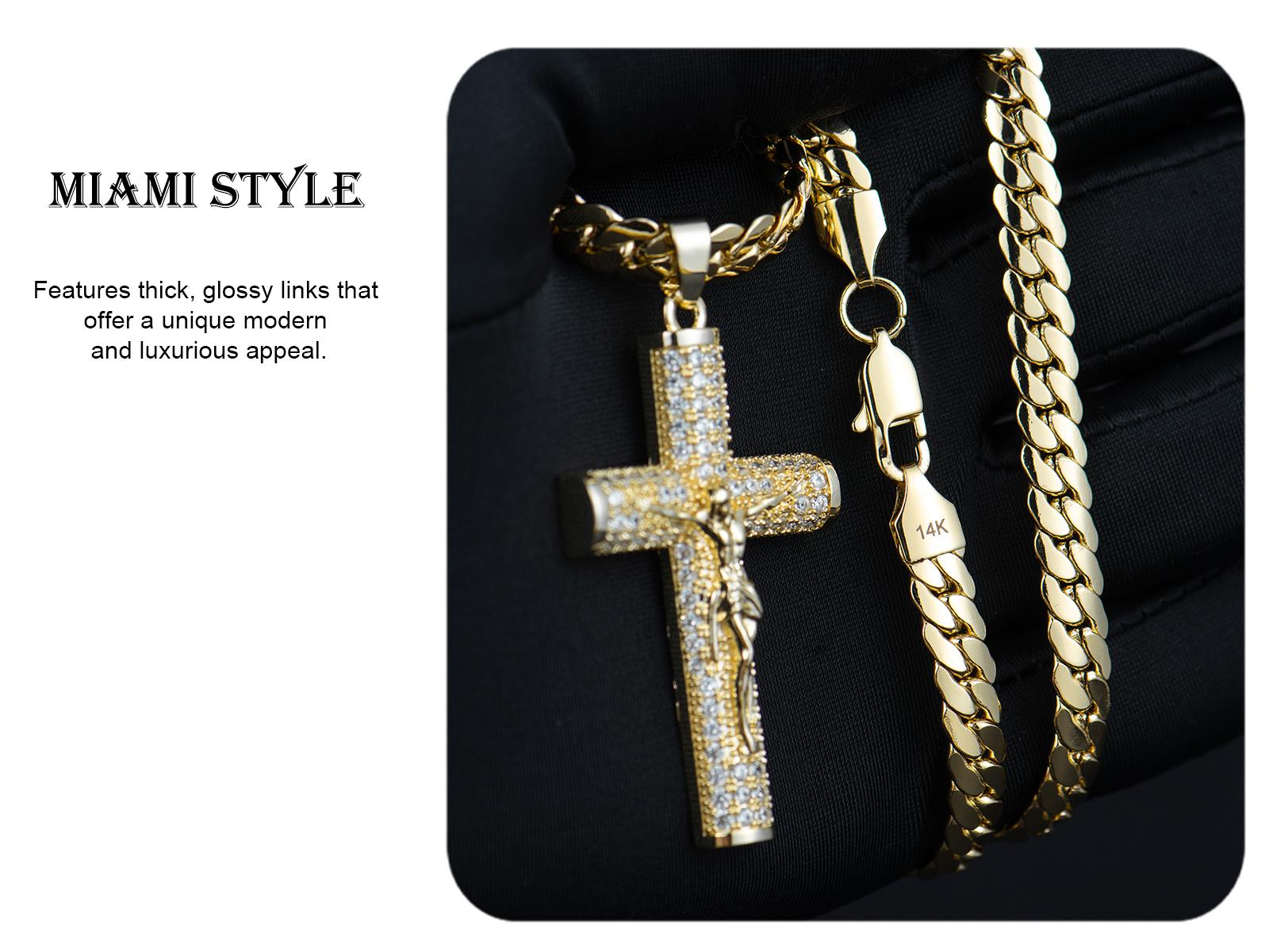 Holylegend 14k Real Gold-Plated Cuban , Figaro, Miami Cross with Jesus Christ Crucifix,24 inches Long and 6mm Wide,Handcrafted Polishing and Multiple Electroplating Daily Wear Necklace,Father's Day Gift