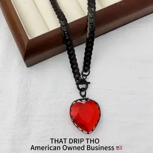 Mother's Day Gift - Ruby Gem Heart Pendant Black Slip Chain Jewelry Necklace, Adjustable Durable Thick Chain for Couples, Gf, Bf, Fashion Jewelry for Alternative Women & Men, Gothic Girl Chain Daily Collar, Altfashion Necklace with Pull Chain